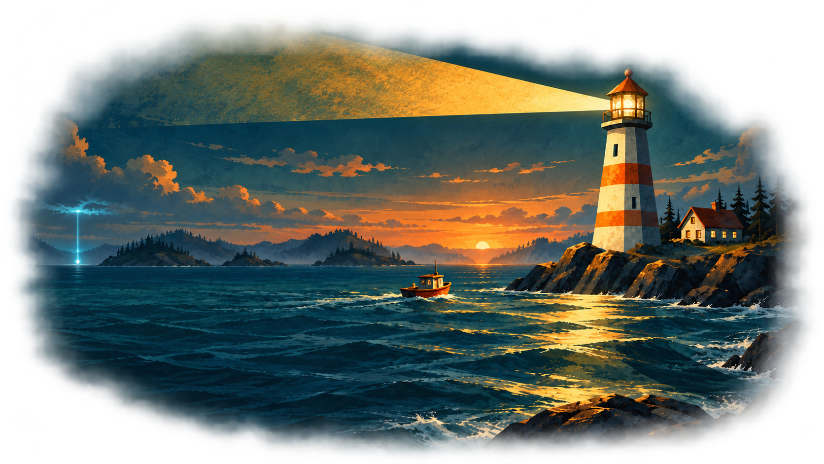Northlight Station on Kelp Skerry at sunset, its warm beam crossing the sea while a distant cold light reaches the water